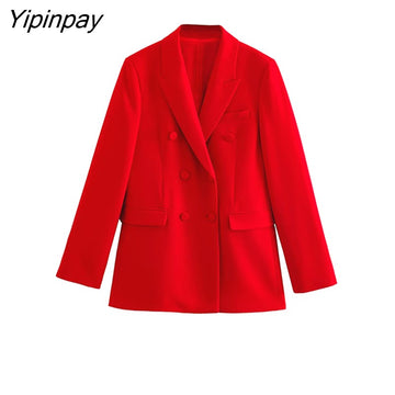 Yipinpay 2023 Spring Office Lady Red Blazer Suits Sets Women Fashion Double Breasted Jacket Solid High Waiste Zipper Straight Pants